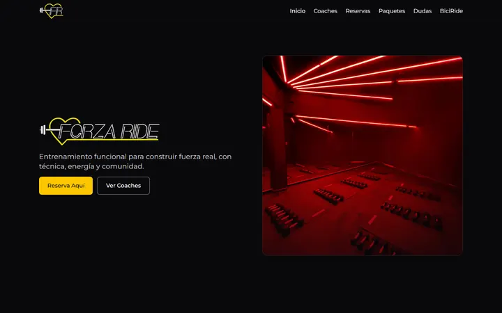 Página de inicio de ForzaRide en computadora: logo, frase de entrenamiento funcional y botón para reservar.