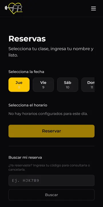 Sistema de reservas de ForzaRide en celular: selector de fecha, horario y búsqueda de reserva por código.